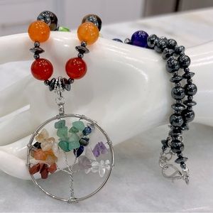 Multigemstone and Hematite Tree of Life Necklace